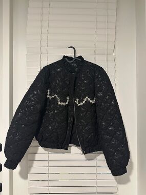 Black Quilted Pearl-Trim Bomber Jacket - Women
